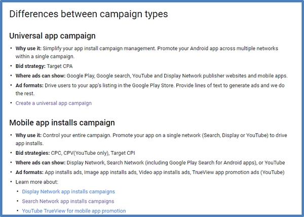 Differences between campaign types, Universal App Campaign, Mobile App Installs Campaign